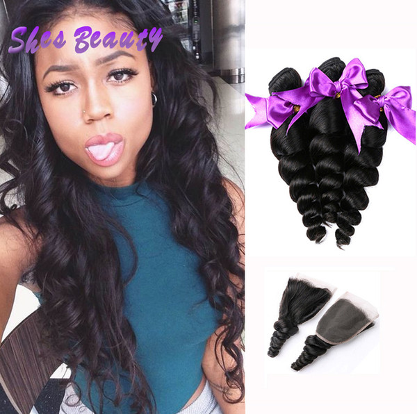 3 Bundles With Closure Malaysian Loose Wave Virgin Hair Extensions 100% Unprocessed Virgin Hair Bundles 100g/pcs Cheap Price Hair Weave