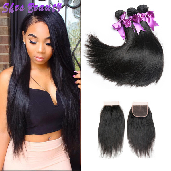 Cheap 8A Brazilian Virgin Hair Straight Hair 3 Bundles With Closure Human Hair Extensions Weave With 4*4 Closure Natural Black Color