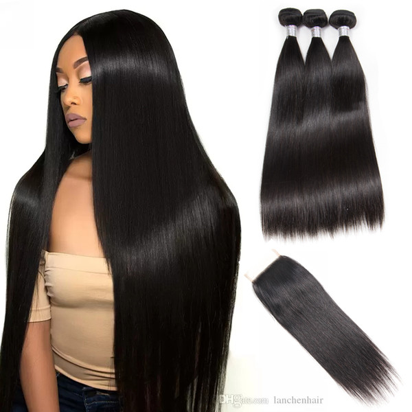 Straight Hair Bundles With Lace Closure Brazilian Virgin Hair Weave 3Bundles With Closure 100% Remy Human Hair Factory wholesale