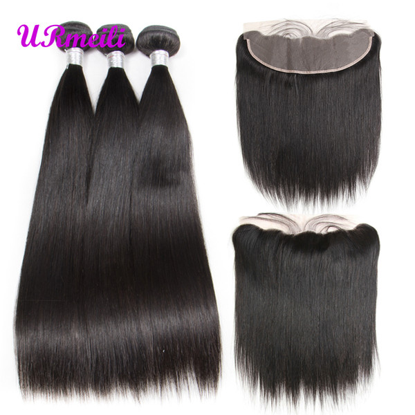 URmeili Straight Bundles With Frontal 10A brazilian virgin hair 3/4 bundles with closures Straight Human Hair Bundles With 13x4 Lace Frontal