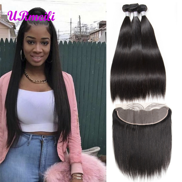 Peruvian Straight Virgin Hair Bundle with Frontal 3/4 bundles 9A Unprocessed human hair weave Virgin Hair lace frontal closure with bundles