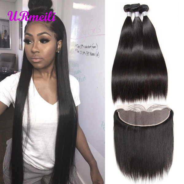 Straight Hair Bundles With Frontal Brazilian Virgin Human Hair Bundles With Closure 13*4Lace Frontal With Bundles URmeili Remy Hair alibaba