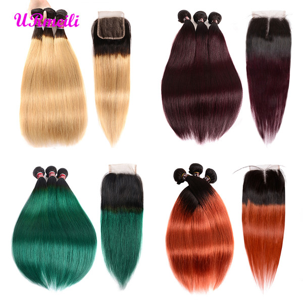 ombre hair 3 bundles with closure brazilian straight human hair T1B/27 T1B/Pink T1B/Blue T1B/350 T1B/Purple bundles with closures