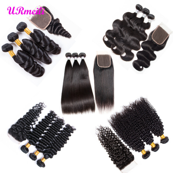 8a brazilian straight virgin hair 4 bundles with closure body wave kinky curly brazilian deep wave human hair bundles with closure URmeili