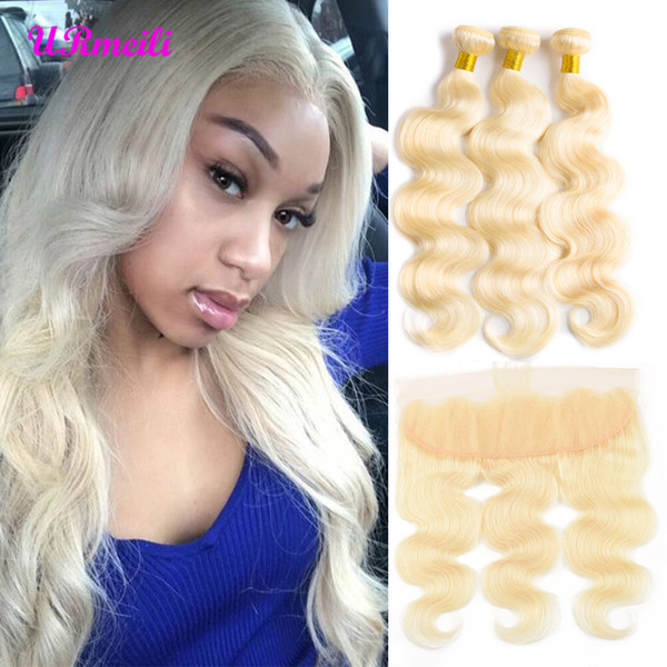 URmeili Brazilian 613 Blonde Color Body Wave Hair 3 Bundles With 13*4 Frontal brazilian Remy Human Hair body wave bundles with closure