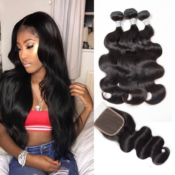 Grade 10A Brazilian Body Wave 3 Bundles With Closure Human Hair 3Bundles With lace Closure mink Brazilian Virgin Hair body wave with closure