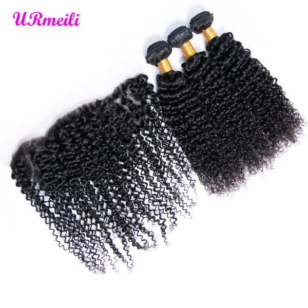 URmeili Curly human hair bundles with lace frontal Malaysian Virgin kinky curly Human Hair Weave 3/4 Bundles With 13*4 lace Frontal Closure