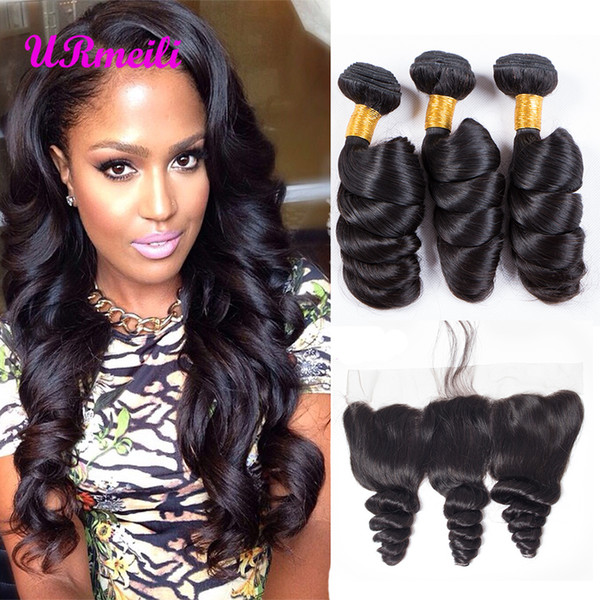 Peruvian Loose Wave Human Hair Bundles With Lace Frontal Pre Plucked 10A Peruvian Virgin Hair Weave Bundles 3/4PCS Natural Color Remy Hair