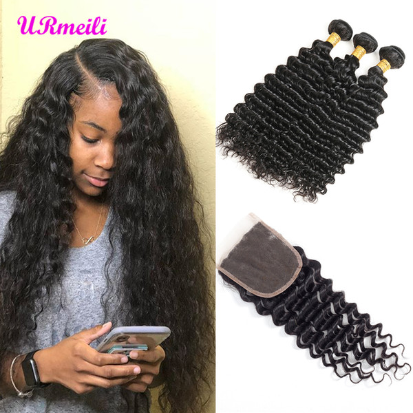 URmeili deep wave bundles with closure 10A Grade brazilian deep wave curly virgin human hair human hair wet wavy bundles with closure