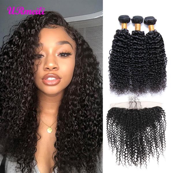 Brazilian Kinky Curly virgin hair bundles with lace frontal 3/4 Bundles Human Hair With Frontal Brazilian Remy Hair Extension Natural Color