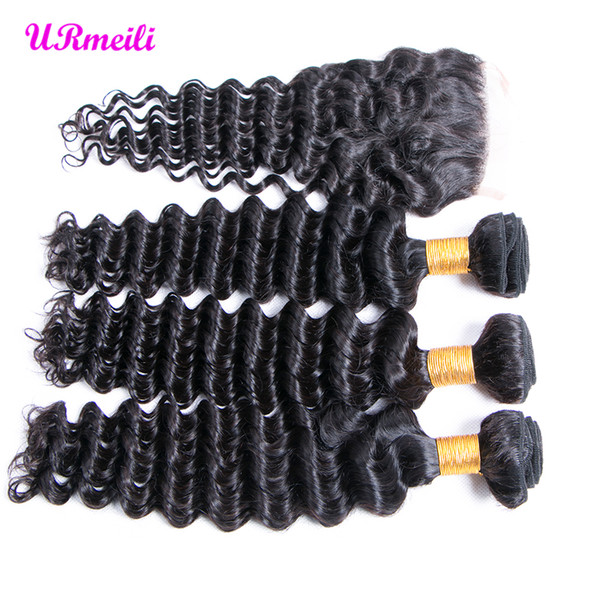 Deep Wave human hair 3 bundles with lace closure Malaysian Unprocessed Virgin Remy Hair 30 inch bundles With Closure cheap human hair weave