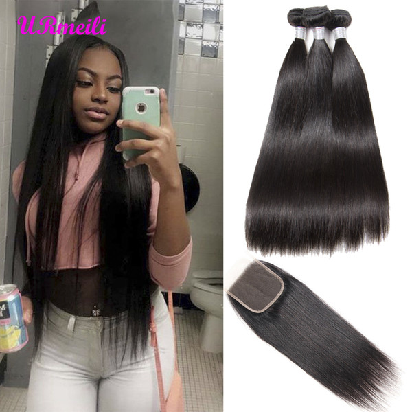 brazilian Straight Hair Bundles With Closure Brazilian Virgin Hair Straight 3Bundles With Lace Closures Remy human hair bundles with closure