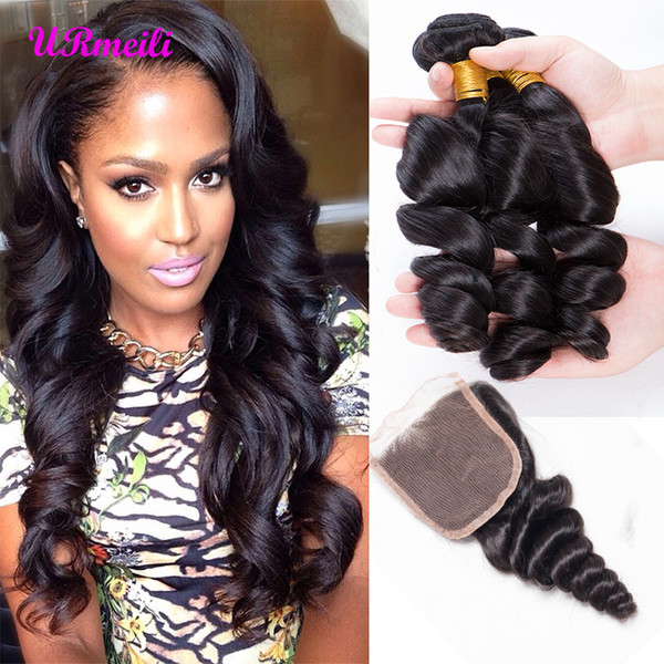 Loose Wava Human Hair Bundles With Closure Peruvian Virgin Unprocessed Hair Weave 3/4 Bundles With Closure Loose Wave Bundles With Closure