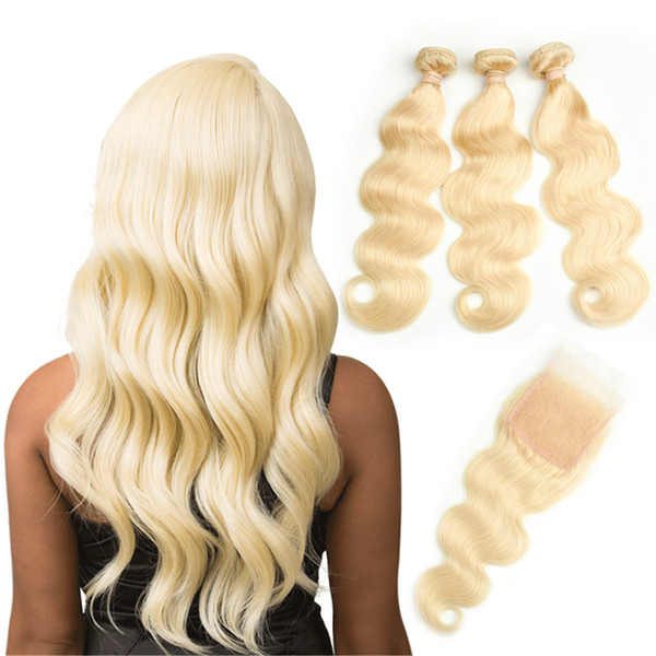 HCDIVA Hair Extensions Body Wave 613 Blonde Human Hair Bundles with Closure 3 Bundles With 4X4 Lace Closure For Hair Salon 10-30 inch Long