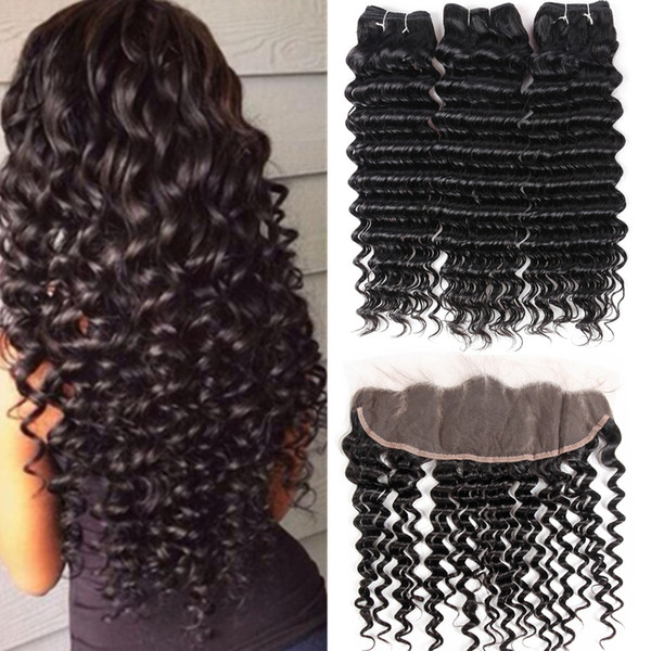 8A Brazilian Deep Wave Bundles With Closure 100% Human Hair Lace Frontal Closure With Bundles Deal Kinky Curly Water Wave Body Straight