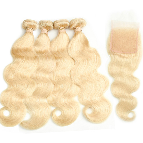 Brazilian Virgin Hair 4 bundles with closure #613 Blond Body Wave hair virgin brazilian hair blonde lace closure with bundles