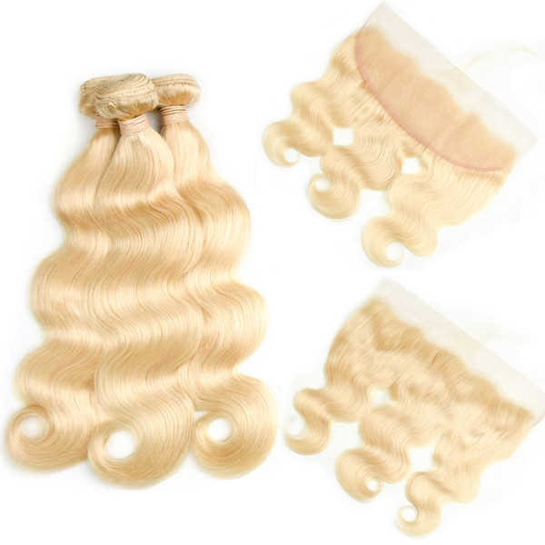 8a Brazilian Virgin Hair #613 Blond 3 Bundles with Frontal Closure Top Lace Frontal and Bundles Silk Straight Body Wave Bundles and Frontal