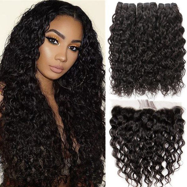 8A Mink Brazilian Virgin Hair Water Wave 3 Bundles with Frontal Natural Color Top Lace Frontal Closure with Baby Hair Deep Wave Curly Hair