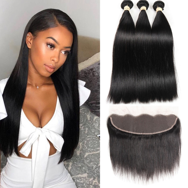 Brazilian Virgin Straight Hair Bundles With Frontal Non-Remy Human Hair Bundles With Closure Brazilian Hair Weave Bundles With Closure