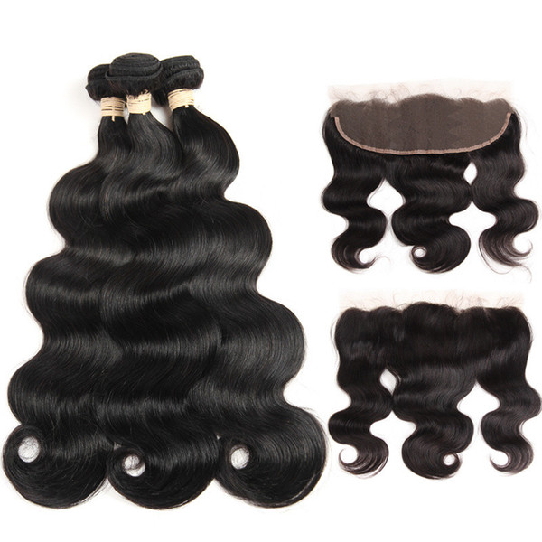 Peruvian Virgin Human Hair Body Wave With Lace Frontal Closure 3 Bundles With Frontal Pre Plucked 13x4 Ear to Ear Lace Frontal Closure