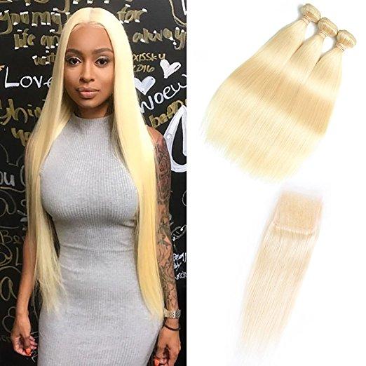 HCDIVA 613 Blonde Straight 3 Bundles With Closure Peruvian Free Part Remy Human Weave Hair Extension 10-30 inch Double Weft Cheapest Pric