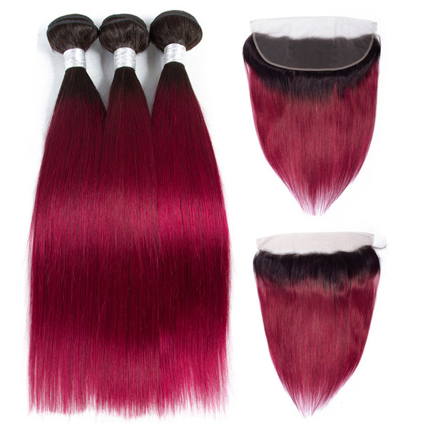 Ombre Bundles With Frontal Closure T1b Burg Brazilian Hair Weave 3 Bundles With Frontal Ear to Ear Lace Frontal Closure 1B/Burgundy 4pcs/lot