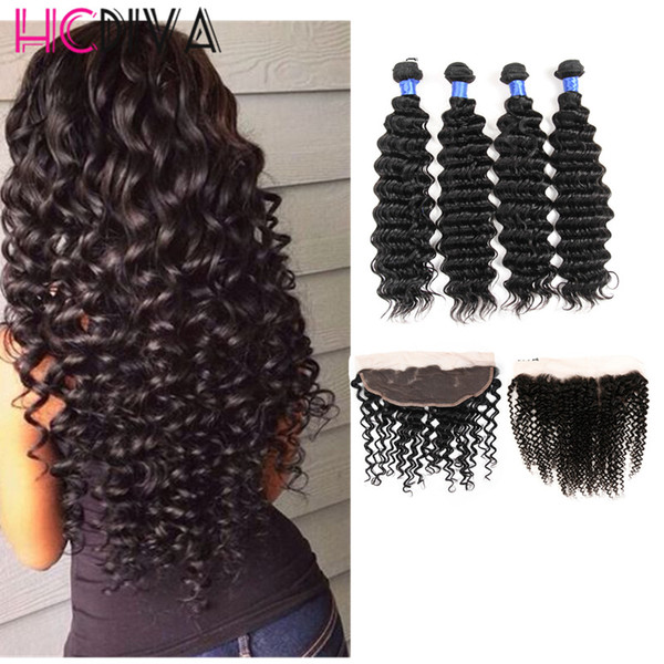 4*13 Lace Frontal With Brazilian Hair 4 Bundles Deep Wave Human Hair Weave Unprocessed Indian Malaysian Peruvian Hair Extensions Thick