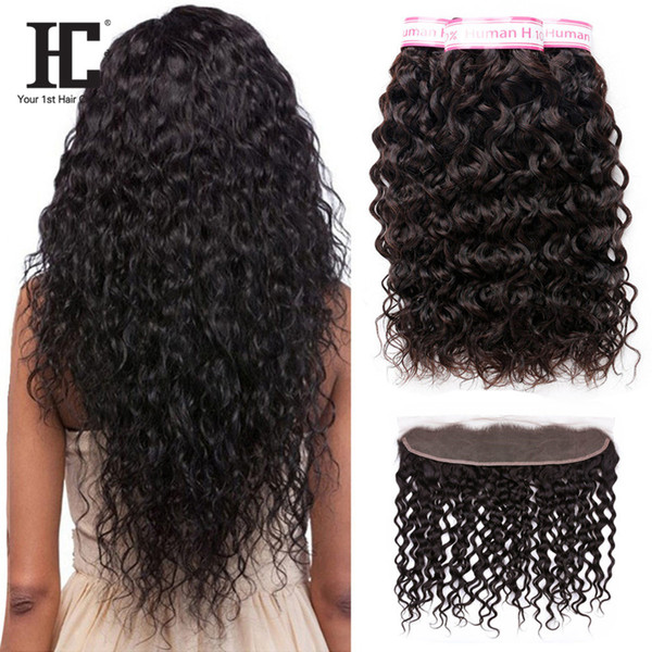 8A Brazilian Water Wave Bundles With Closure 100% Human Hair Lace Frontal Closure With Bundles Deal 3 Bundles With Ear to Ear Frontal