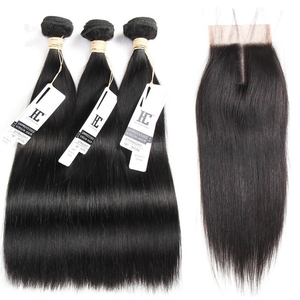 Indian Straight Hair 3 Bundles with Lace Closure 100% Human Hair Bundles Rew Indian Hair Bundles with Closure Free Middle Part