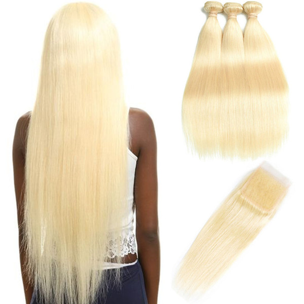 HCDIVA Hair Extensions Straight 613 Blonde Human Hair Bundles with Closure 3 Bundles With 4X4 Lace Closure For Hair Salon 10-30 inch Long