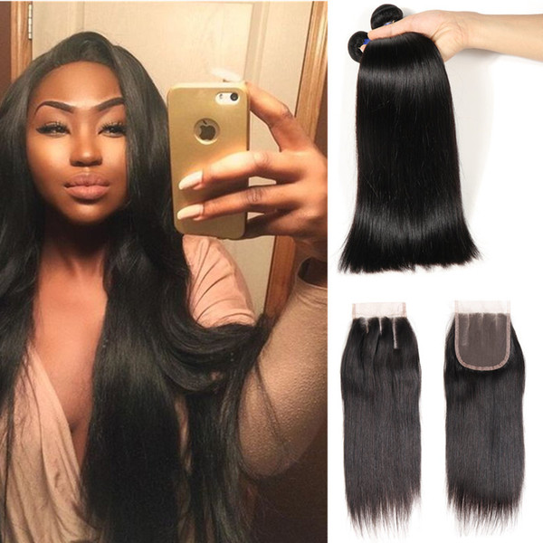 Brazilian Straight Human Hair Bundles With Lace Closure Middle Part Natural Black 4 Bundles Hair Weaves Brazilian Virgin Hair HCDIVA