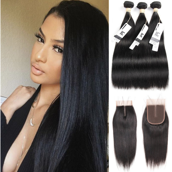 8A Grade brazilian virgin hair Bundles with Closure 3 Bundles Straight human hair bundle with Lace Closure Unprocessed Hair Weft Baby