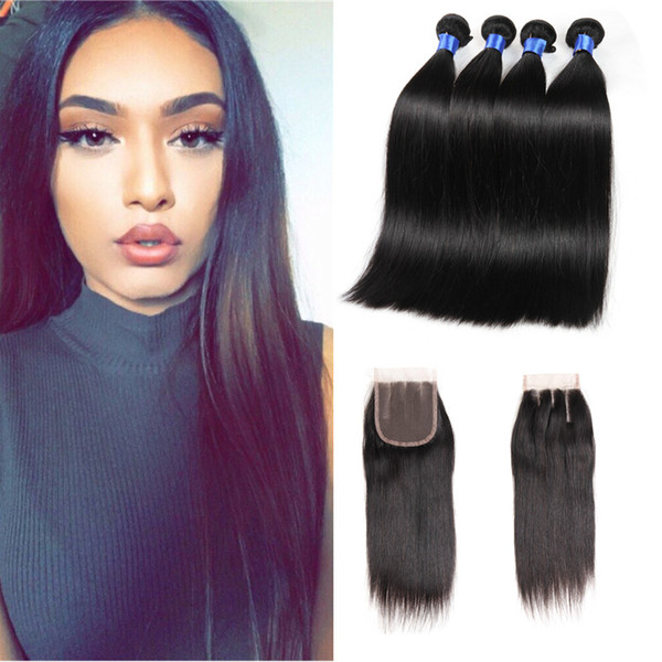 8A Malaysian Straight Virgin Hair 4 Bundles With Closure straight hair weave bundles Cheap Peruvian Brazilian Human Hair Extensions