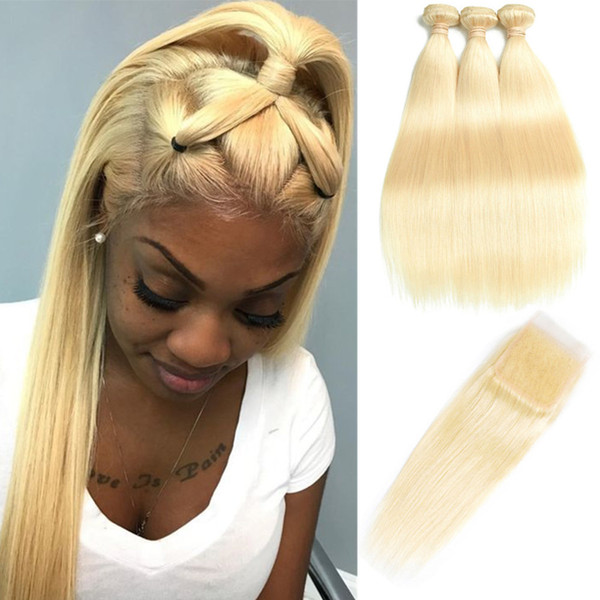 Brazilian 613 Straight Human Hair Bundles With Closure 100%Unprocessed Virgin Hair 3 Bundles With Lace Closure Honey Platinum Hair Extension