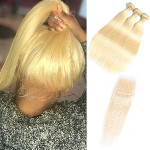 Brazilian Virgin Hair Bundles with Closures 613 Blonde Bundles with Frontal 10-30 inch Straight Human Hair 3 Bundles with 4*4 Closure