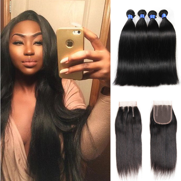 8A brazilian hair bundles Straight Closure with 4 Bundles Brazilian Virgin Human Hair Bundle Lace Closure