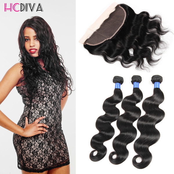 HCDIVA Brazilian Virgn Hair Body Wave 3 bundles Body Wave with Lace Frontal Closure Lace Fontal Natural Color Colse 1B Think Natural Hair