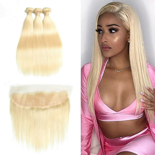 Peruvian Straight Hair Bundles With Lace Frontal Closure 613 Blonde Human Hair Frontal with Baby Hair 3 Bundles With Closure Remy Extension