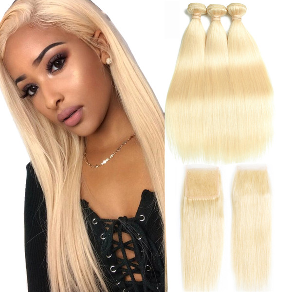 Peruvian Virgin Hair Bundles with Closures 613 Blonde Bundles with Frontal 10-30 inch Straight Human Hair 3 Bundles with 4*4 Closure HCDIVA