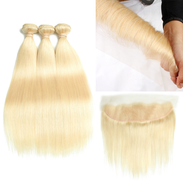 Top Selling 10-30 inch Long #613 Blond Human Hair 3 Bundles with Lace Frontal Closure 8A Mink Brazilian Hair Straight Body Wave HCDIVA