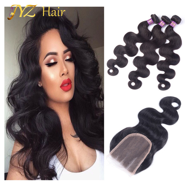 JYZ Peruvian Virgin Hair with Closure 3 Bundles Puruvian Body Wave,JYZ Hair Products Lace Closure with Virgin Human Hair Bundles