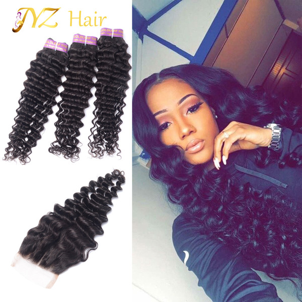 JYZ Great quality peruvian virgin hair deep wave lace closure with bundles nature color 1b JYZ hair product peruvian human hair deep wave