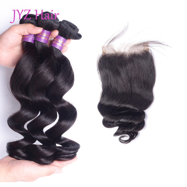 Peruvian Virgin Hair Loose Wave with Closure 4PCS Peruvian Loose Wave Human Hair Extensions Loose Curly Lace Closure