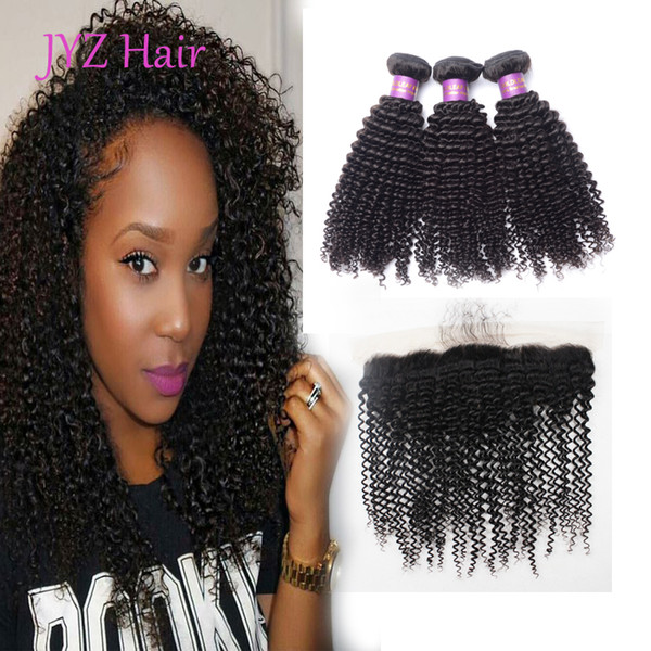 Kinky Curly Peruvian Human Hair Extensions 3 Bundles With 13x4 Lace Frontal Unprocessed Virgin Human Kinky Curly Hair Wefts With Closure