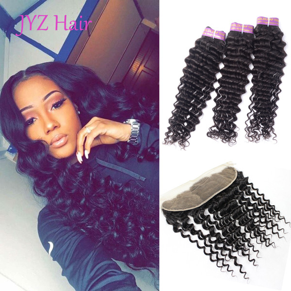 Brazilian Virgin hair Deep Wave 3 Bundles With 13x4 Lace Frontal Hair Extensions Wefts With Closure Unprocessed Natural Color Hair