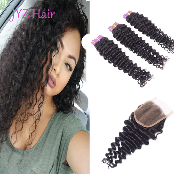 Malaysian Virgin Hair Deep Wave With Closure 3 Bundles Human Hair Deep Curly With Closure Raw Malaysian Curly Hair With Closure