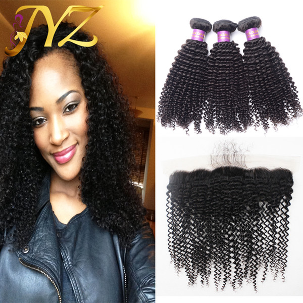 Kinky curly virgin hair 3 bundles with lace frontal Malaysian virgin hair kinky curly with 13x4 lace frontal closures hair extensions weave