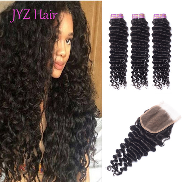 Brazilian Virgin Hair With Closure 3 Bundles Brazilian Deep Wave With Closure Unprocessed Brazilian Curly Human Hair Weaves