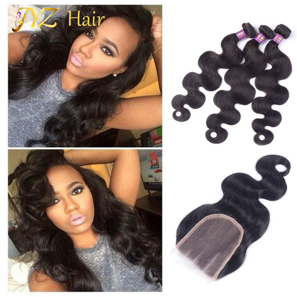 JYZ Straight Hair One Bundle Lace Closure With 3 Bundles Brazilian Virgin Hair Total 4 Bundles Lot 100% Unprocessed 