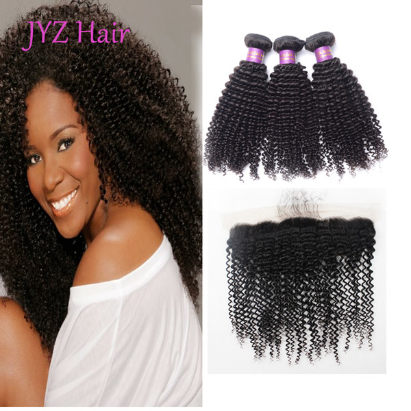 Human Hair Brazilian Kinky Curly Hair 3 Bundles With 13x4 Lace Frontal Dyeable Human Hair Wefts With Closure Natural Color Extensions